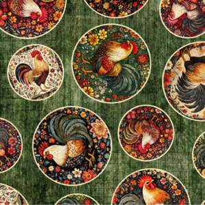QT fabrics Rule The Roost Rooster Medallions Forest